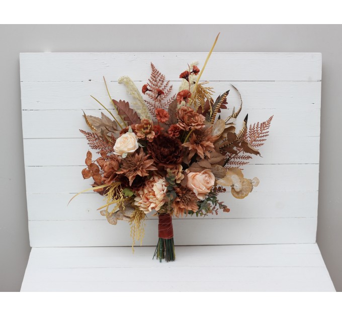 Wedding bouquets in cinnamon terracotta ivory colors. Bridal bouquet. Cascading bouquet. Faux bouquet. Bridesmaid bouquet. 0510