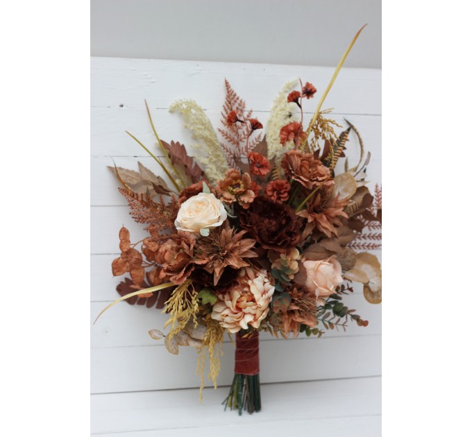 Wedding bouquets in cinnamon terracotta ivory colors. Bridal bouquet. Cascading bouquet. Faux bouquet. Bridesmaid bouquet. 0510