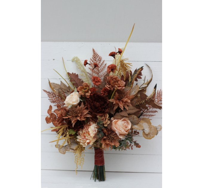 Wedding bouquets in cinnamon terracotta ivory colors. Bridal bouquet. Cascading bouquet. Faux bouquet. Bridesmaid bouquet. 0510