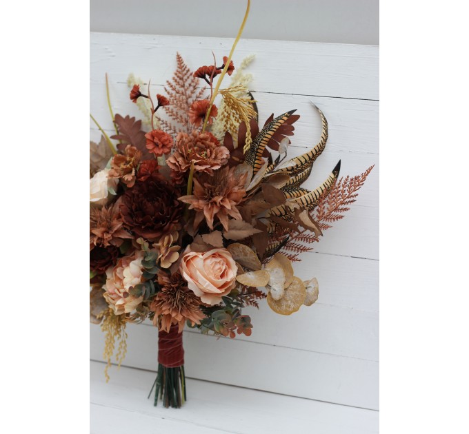 Wedding bouquets in cinnamon terracotta ivory colors. Bridal bouquet. Cascading bouquet. Faux bouquet. Bridesmaid bouquet. 0510