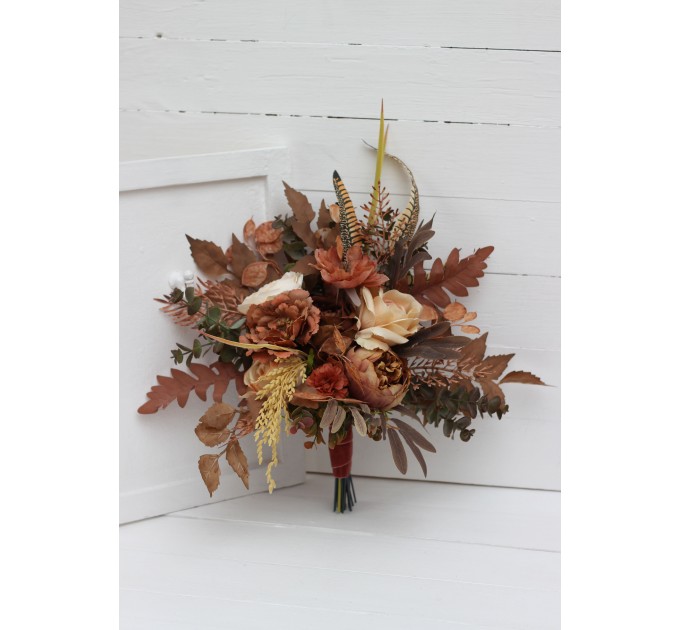Wedding bouquets in cinnamon terracotta ivory colors. Bridal bouquet. Cascading bouquet. Faux bouquet. Bridesmaid bouquet. 0510