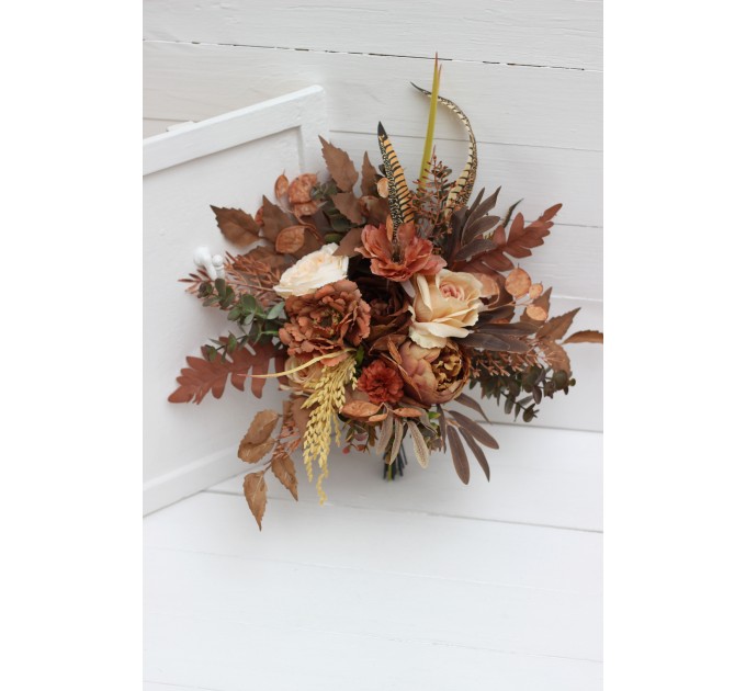 Wedding bouquets in cinnamon terracotta ivory colors. Bridal bouquet. Cascading bouquet. Faux bouquet. Bridesmaid bouquet. 0510