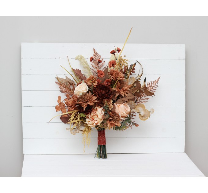 Wedding bouquets in cinnamon terracotta ivory colors. Bridal bouquet. Cascading bouquet. Faux bouquet. Bridesmaid bouquet. 0510