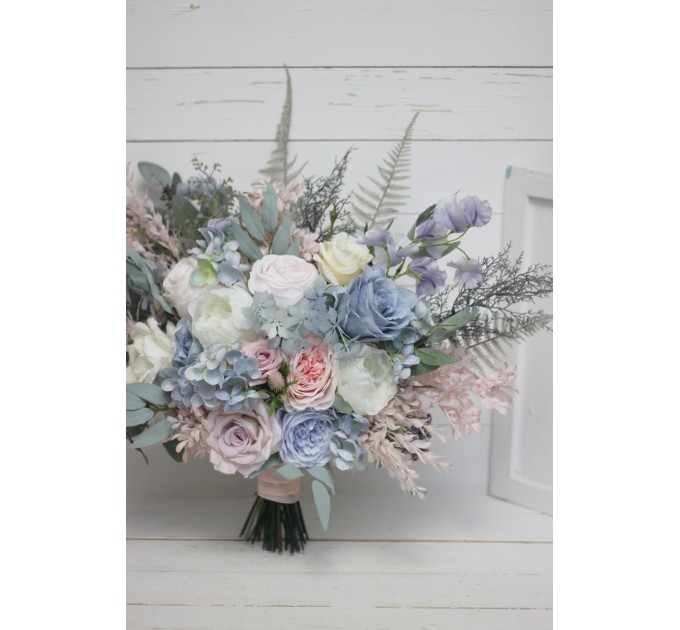 Wedding bouquets in dusty blue blush pink white colors. Bridal bouquet. Cascading bouquet. Faux bouquet. Bridesmaid bouquet. 0509-1