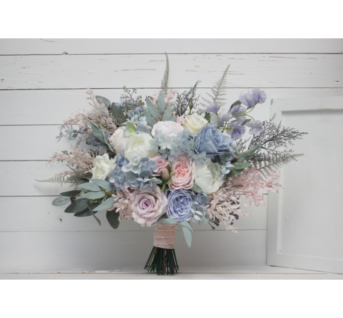 Wedding bouquets in dusty blue blush pink white colors. Bridal bouquet. Cascading bouquet. Faux bouquet. Bridesmaid bouquet. 0509-1