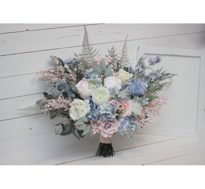 Wedding bouquets in dusty blue blush pink white colors. Bridal bouquet. Cascading bouquet. Faux bouquet. Bridesmaid bouquet. 0509-1