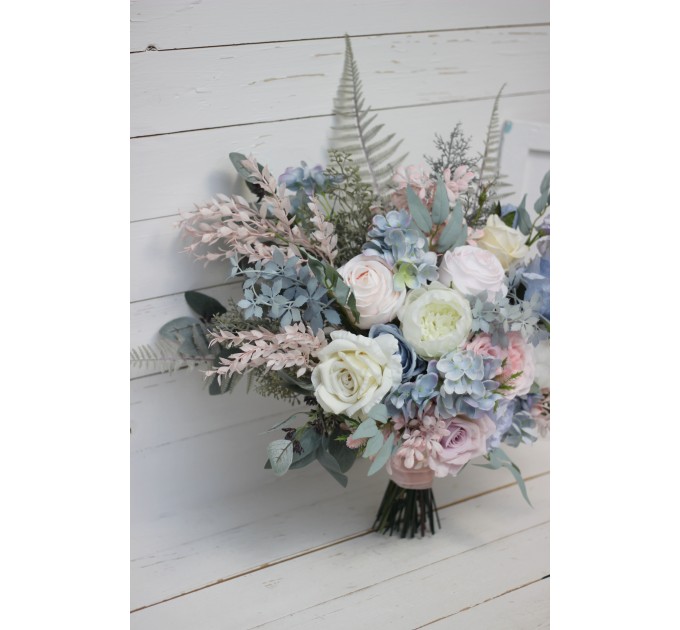 Wedding bouquets in dusty blue blush pink white colors. Bridal bouquet. Cascading bouquet. Faux bouquet. Bridesmaid bouquet. 0509-1