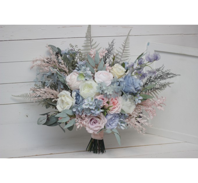 Wedding bouquets in dusty blue blush pink white colors. Bridal bouquet. Cascading bouquet. Faux bouquet. Bridesmaid bouquet. 0509-1