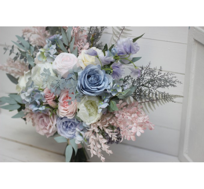 Wedding bouquets in dusty blue blush pink white colors. Bridal bouquet. Cascading bouquet. Faux bouquet. Bridesmaid bouquet. 0509-1