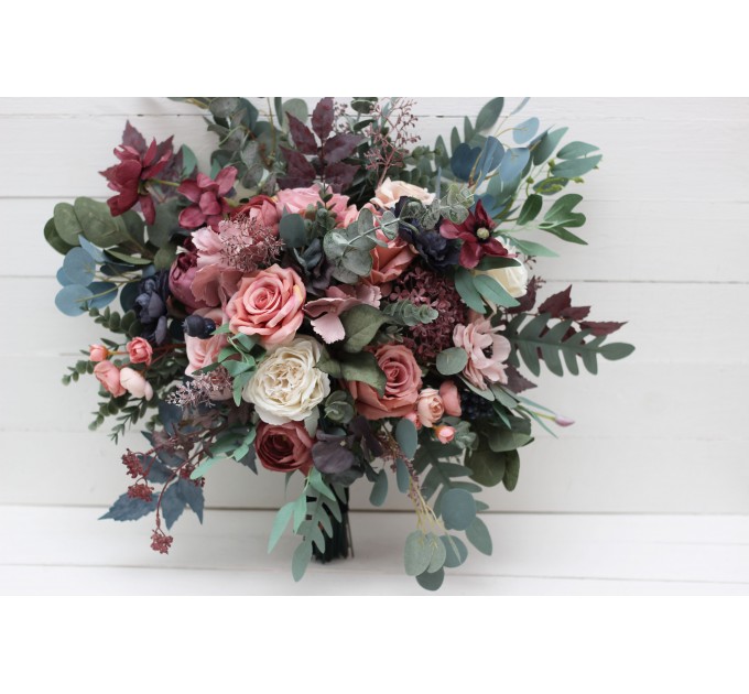Wedding bouquets in navy blue dusty rose mauve colors. Bridal bouquet. Cascading bouquet. Faux bouquet. Bridesmaid bouquet. 5012