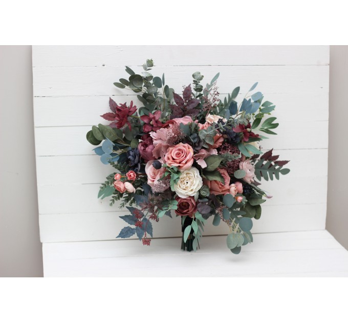 Wedding bouquets in navy blue dusty rose mauve colors. Bridal bouquet. Cascading bouquet. Faux bouquet. Bridesmaid bouquet. 5012