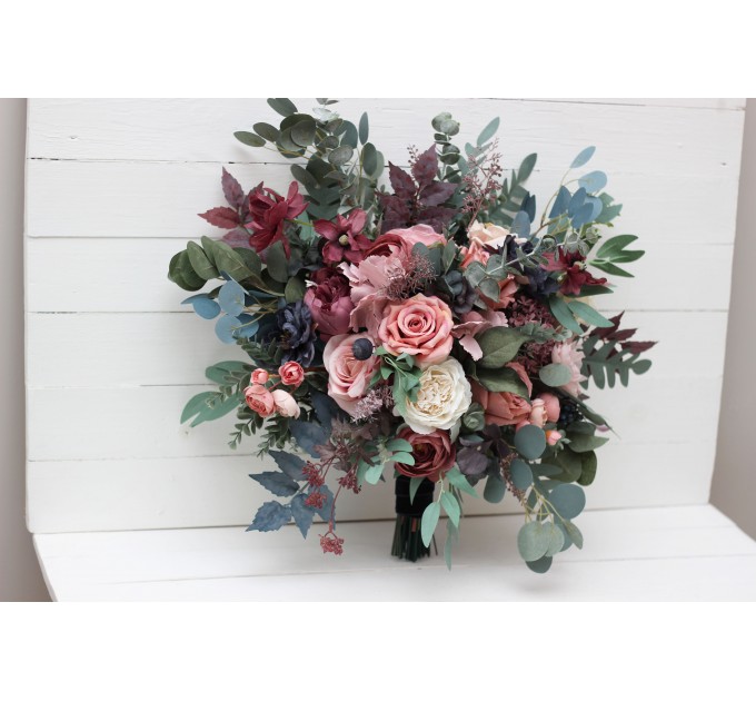 Wedding bouquets in navy blue dusty rose mauve colors. Bridal bouquet. Cascading bouquet. Faux bouquet. Bridesmaid bouquet. 5012