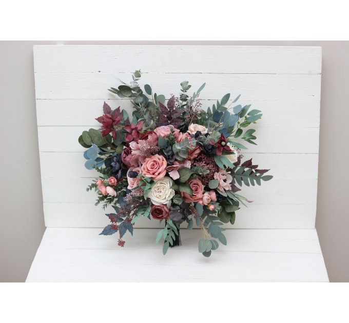 Wedding bouquets in navy blue dusty rose mauve colors. Bridal bouquet. Cascading bouquet. Faux bouquet. Bridesmaid bouquet. 5012