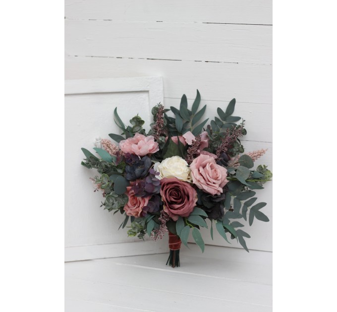Wedding bouquets in navy blue dusty rose mauve colors. Bridal bouquet. Cascading bouquet. Faux bouquet. Bridesmaid bouquet. 5012