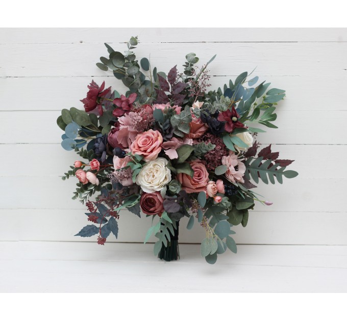 Wedding bouquets in navy blue dusty rose mauve colors. Bridal bouquet. Cascading bouquet. Faux bouquet. Bridesmaid bouquet. 5012