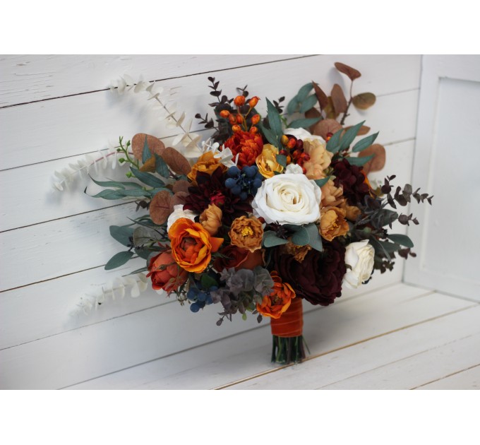 Wedding bouquets in rust burgundy  ivory colors. Bridal bouquet. Faux bouquet. Bridesmaid bouquet. 0007