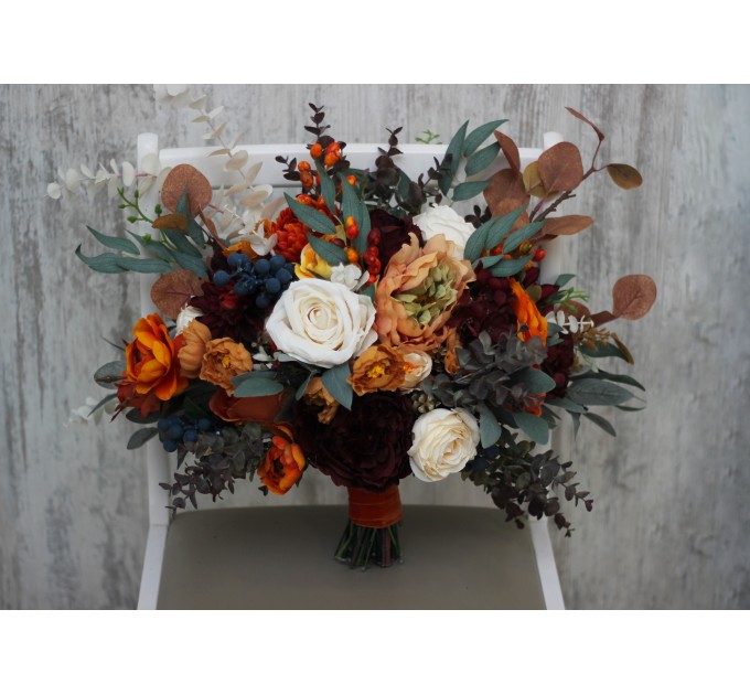 Wedding bouquets in rust burgundy  ivory colors. Bridal bouquet. Faux bouquet. Bridesmaid bouquet. 0007