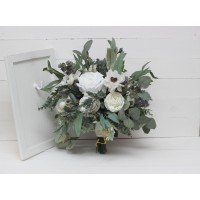 Wedding bouquets in whte colors. Bridal bouquet. Cascading bouquet. Faux bouquet. Bridesmaid bouquet. White anemone bouquet. Classic wedding. 5013-2