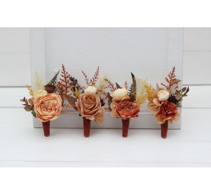 Wedding Boutonnieres & Wrist Corsage in Cinnamon, Terracotta & Ivory | Faux Flower Accessories
