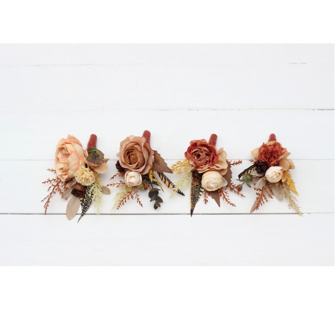 Wedding Boutonnieres & Wrist Corsage in Cinnamon, Terracotta & Ivory | Faux Flower Accessories