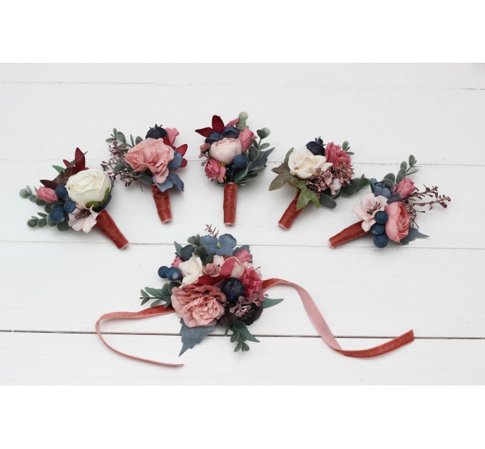 Wedding Boutonnieres & Wrist Corsage in Navy Blue, Dusty Rose & Mauve | Faux Flower Accessories