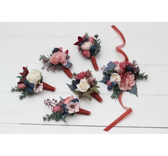Wedding Boutonnieres & Wrist Corsage in Navy Blue, Dusty Rose & Mauve | Faux Flower Accessories