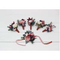  Wedding boutonnieres and wrist corsage  in navy blue dusty rose mauve color scheme. Flower accessories. 5012