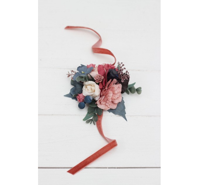 Wedding Boutonnieres & Wrist Corsage in Navy Blue, Dusty Rose & Mauve | Faux Flower Accessories