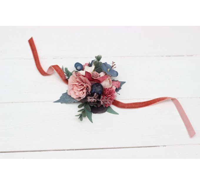 Wedding Boutonnieres & Wrist Corsage in Navy Blue, Dusty Rose & Mauve | Faux Flower Accessories