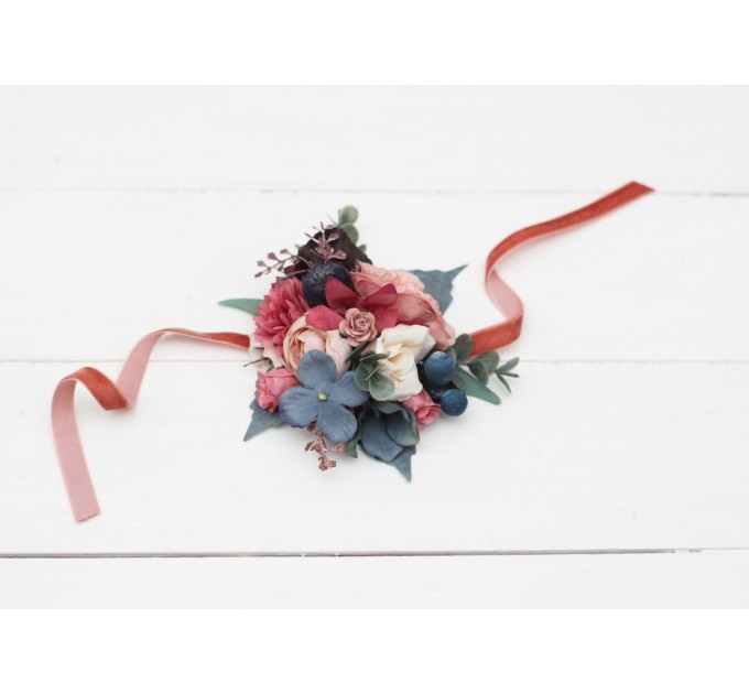 Wedding Boutonnieres & Wrist Corsage in Navy Blue, Dusty Rose & Mauve | Faux Flower Accessories