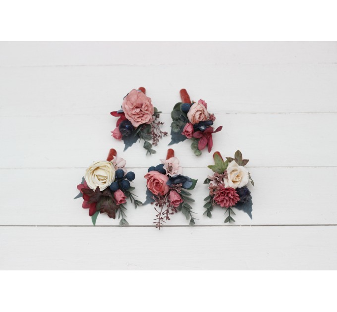 Wedding Boutonnieres & Wrist Corsage in Navy Blue, Dusty Rose & Mauve | Faux Flower Accessories