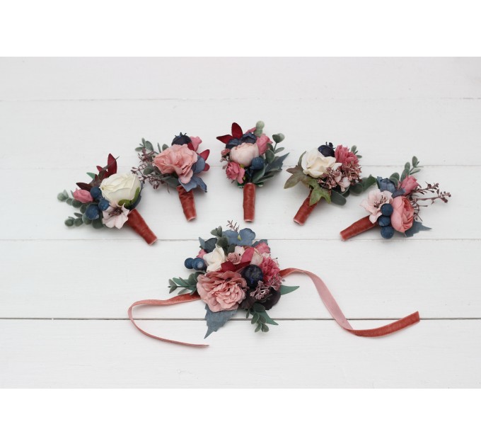 Wedding Boutonnieres & Wrist Corsage in Navy Blue, Dusty Rose & Mauve | Faux Flower Accessories