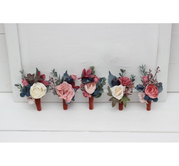 Wedding Boutonnieres & Wrist Corsage in Navy Blue, Dusty Rose & Mauve | Faux Flower Accessories