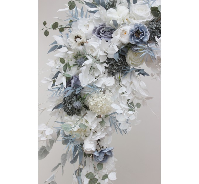  Flower arch arrangement in dusty blue white colors.  Arbor flowers. Floral archway. Faux flowers for wedding arch. 5015