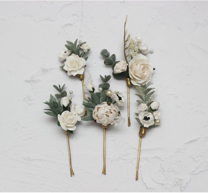  Set of 5  hair pins in  white color scheme. Hair accessories. Flower accessories for wedding.  5013
