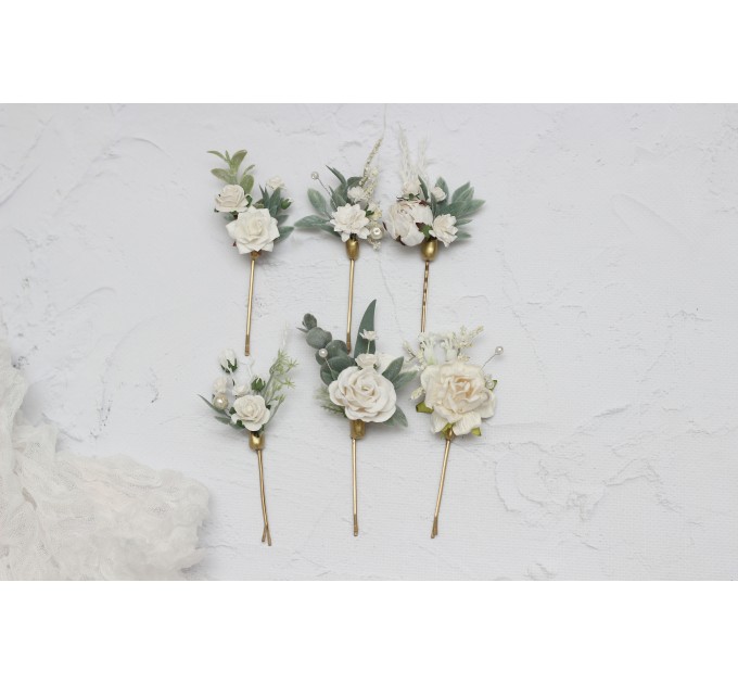 Set of 6 hair pins in white color scheme. Hair accessories. Flower accessories for wedding. 5013-p-1