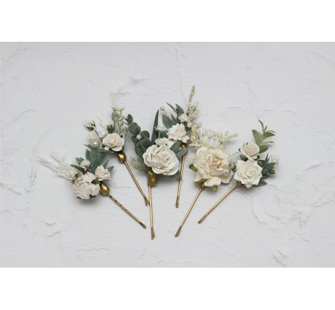 Set of 6 hair pins in white color scheme. Hair accessories. Flower accessories for wedding. 5013-p-1