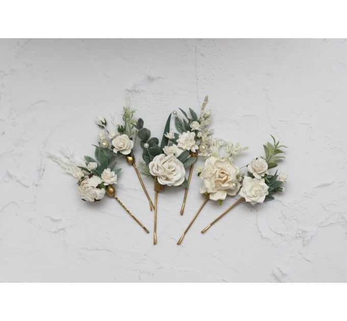 Set of 6 hair pins in white color scheme. Hair accessories. Flower accessories for wedding. 5013-p-1