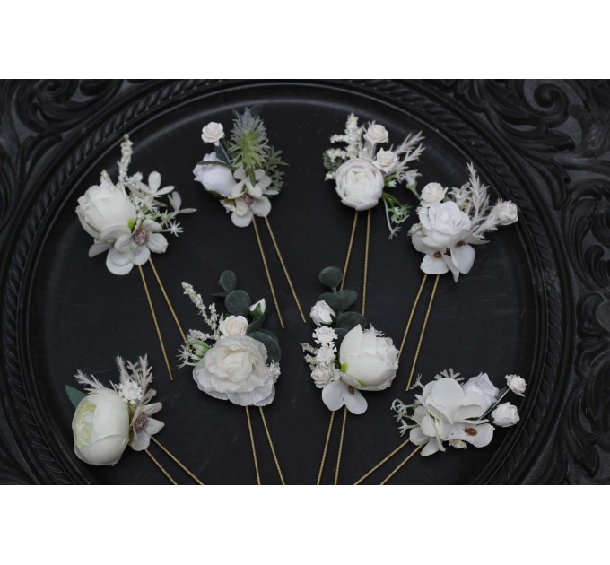  Set of 8  hair pins in  white color scheme. Hair accessories. Flower accessories for wedding.  5013-p-2