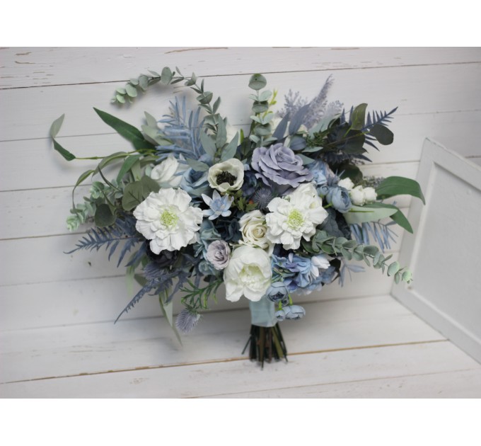 Wedding bouquet in dusty blue white colors. Bridal bouquet. Faux bouquet. Bridesmaid bouquet. 5015-1
