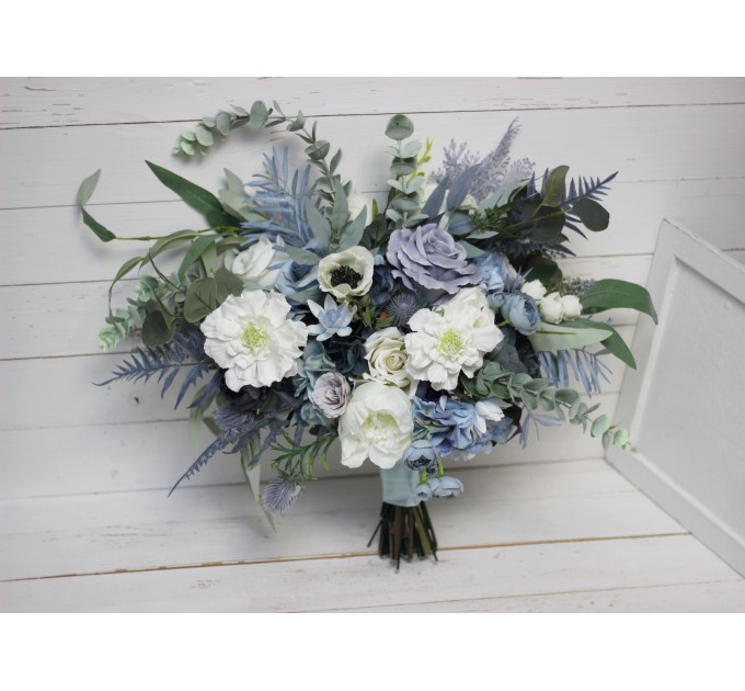 Wedding bouquet in dusty blue white colors. Bridal bouquet. Faux bouquet. Bridesmaid bouquet. 5015-1