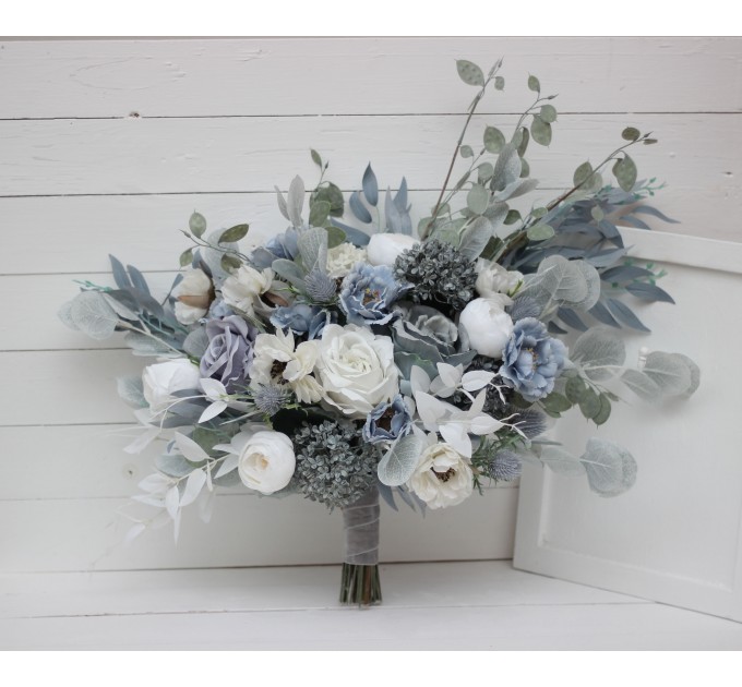 Wedding bouquets in dusty blue white colors. Bridal bouquet. Faux bouquet. Bridesmaid bouquet. 5015