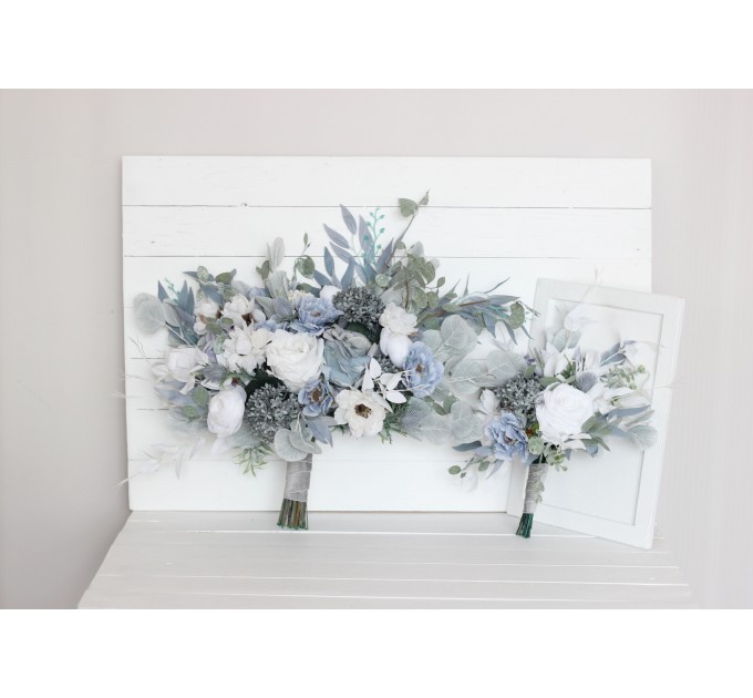 Wedding bouquets in dusty blue white colors. Bridal bouquet. Faux bouquet. Bridesmaid bouquet. 5015