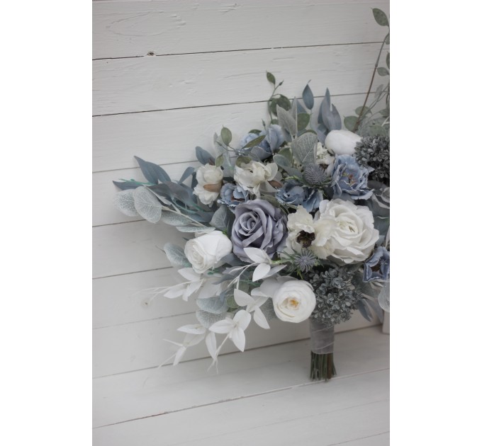 Wedding bouquets in dusty blue white colors. Bridal bouquet. Faux bouquet. Bridesmaid bouquet. 5015