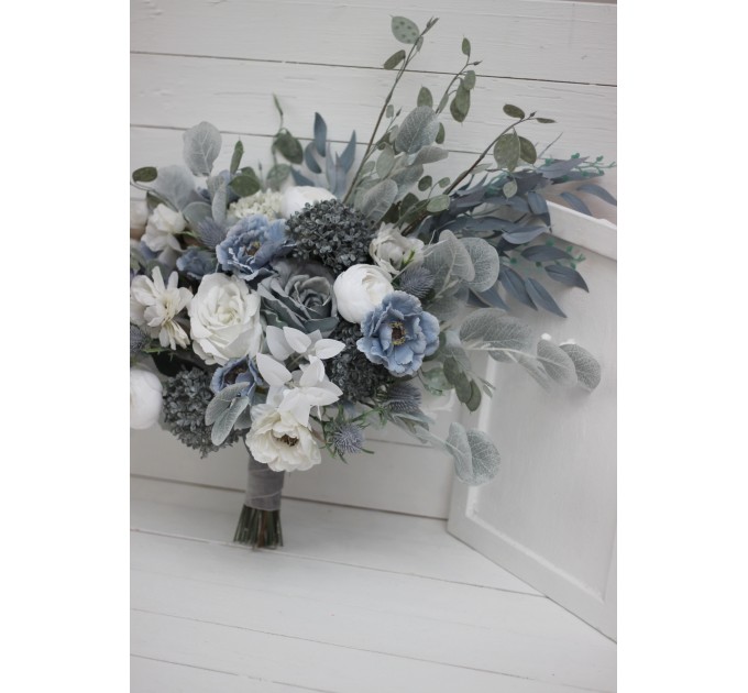 Wedding bouquets in dusty blue white colors. Bridal bouquet. Faux bouquet. Bridesmaid bouquet. 5015