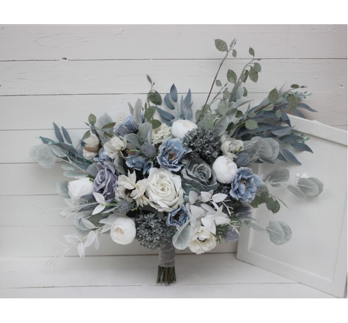 Wedding bouquets in dusty blue white colors. Bridal bouquet. Faux bouquet. Bridesmaid bouquet. 5015