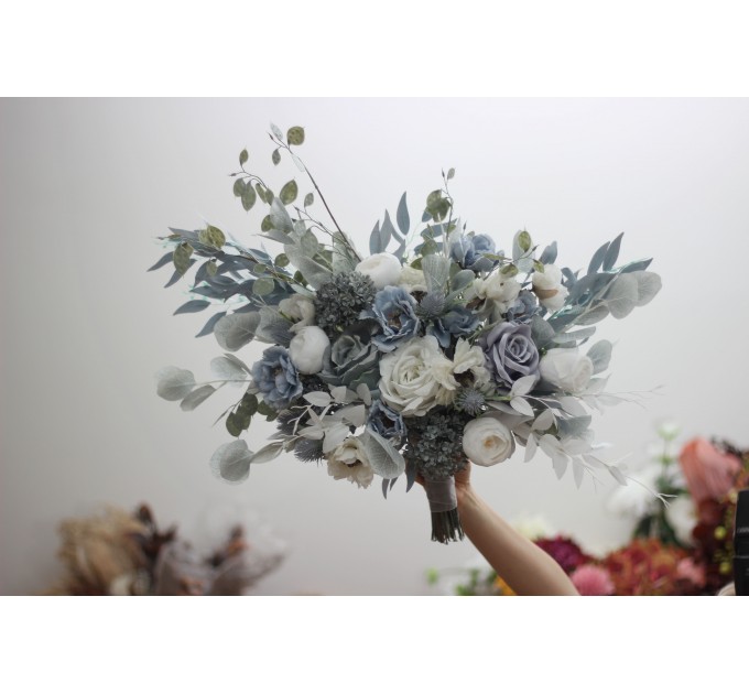 Wedding bouquets in dusty blue white colors. Bridal bouquet. Faux bouquet. Bridesmaid bouquet. 5015
