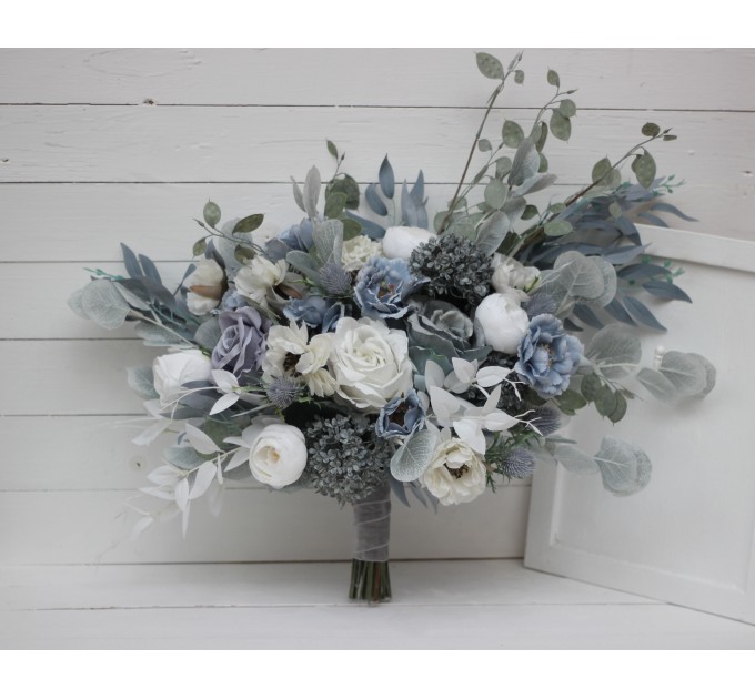 Wedding bouquets in dusty blue white colors. Bridal bouquet. Faux bouquet. Bridesmaid bouquet. 5015
