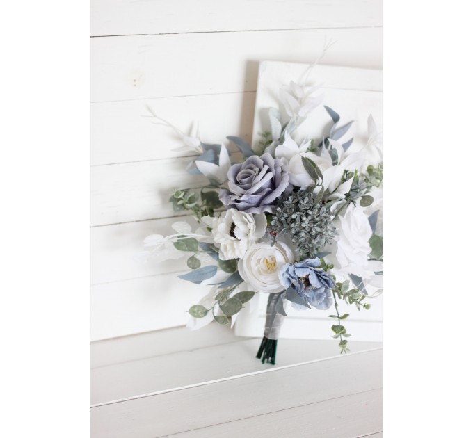 Wedding bouquets in dusty blue white colors. Bridal bouquet. Faux bouquet. Bridesmaid bouquet. 5015