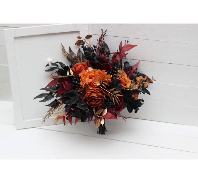 Burgundy, Black, Rust, and Gold Wedding Bouquets – Elegant Faux Bridal Bouquets